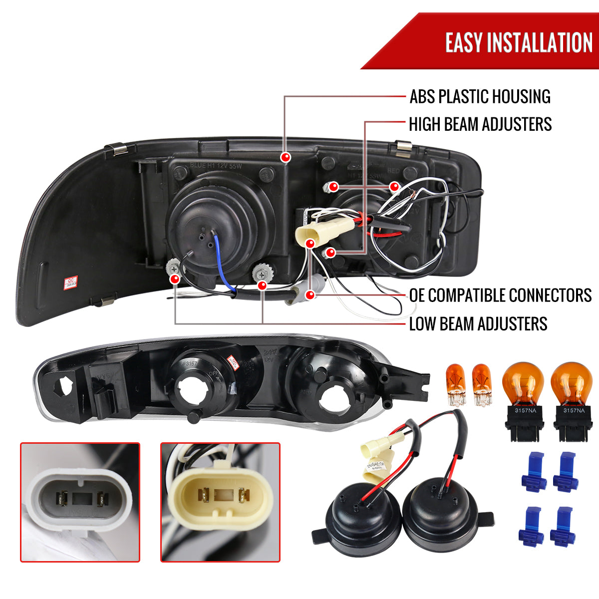 2001-2006 GMC Yukon + XL Denali/ 2002-2006 GMC Sierra Denali Dual Halo Projector Headlights w/ Bumper Lights (Jet Black Housing/Clear Lens)