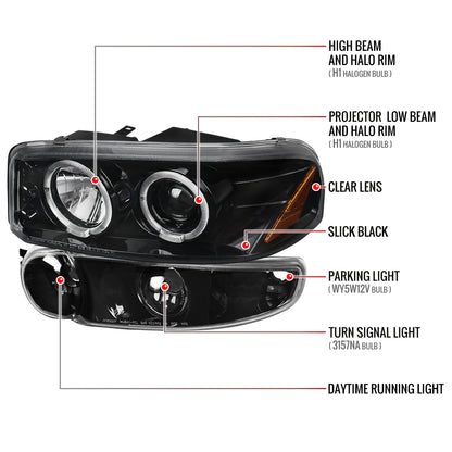 2001-2006 GMC Yukon + XL Denali/ 2002-2006 GMC Sierra Denali Dual Halo Projector Headlights w/ Bumper Lights (Jet Black Housing/Clear Lens)