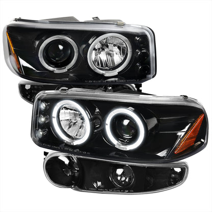2001-2006 GMC Yukon + XL Denali/ 2002-2006 GMC Sierra Denali Dual Halo Projector Headlights w/ Bumper Lights (Jet Black Housing/Clear Lens)