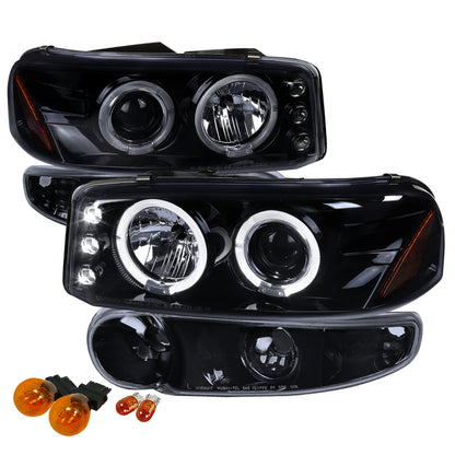 2001-2006 GMC Yukon + XL Denali/ 2002-2006 GMC Sierra Denali Dual Halo Projector Headlights w/ Bumper Lights (Glossy Black Housing/Smoked Lens)