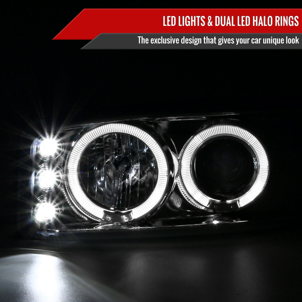 1999-2006 GMC Sierra/ 2000-2006 Yukon/Yukon XL Dual Halo Projector Headlights with LED Sequential Turn Signal Bumper Lights (Chrome Housing/Clear Lens)