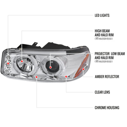 1999-2006 GMC Sierra/ 2000-2006 Yukon/Yukon XL Dual Halo Projector Headlights with LED Sequential Turn Signal Bumper Lights (Chrome Housing/Clear Lens)