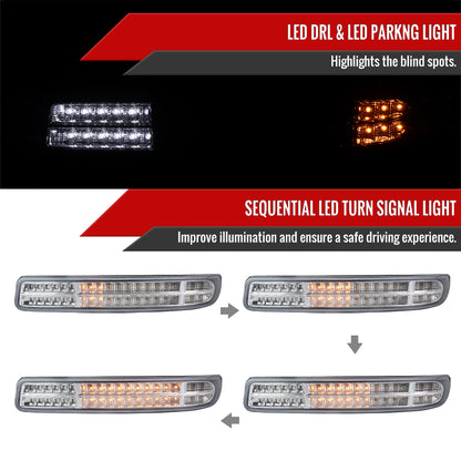 1999-2006 GMC Sierra/ 2000-2006 Yukon/Yukon XL Dual Halo Projector Headlights with LED Sequential Turn Signal Bumper Lights (Chrome Housing/Clear Lens)
