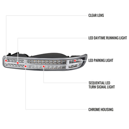 1999-2006 GMC Sierra/ 2000-2006 Yukon/Yukon XL Dual Halo Projector Headlights with LED Sequential Turn Signal Bumper Lights (Chrome Housing/Clear Lens)