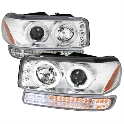 1999-2006 GMC Sierra/ 2000-2006 Yukon/Yukon XL Dual Halo Projector Headlights with LED Sequential Turn Signal Bumper Lights (Chrome Housing/Clear Lens)