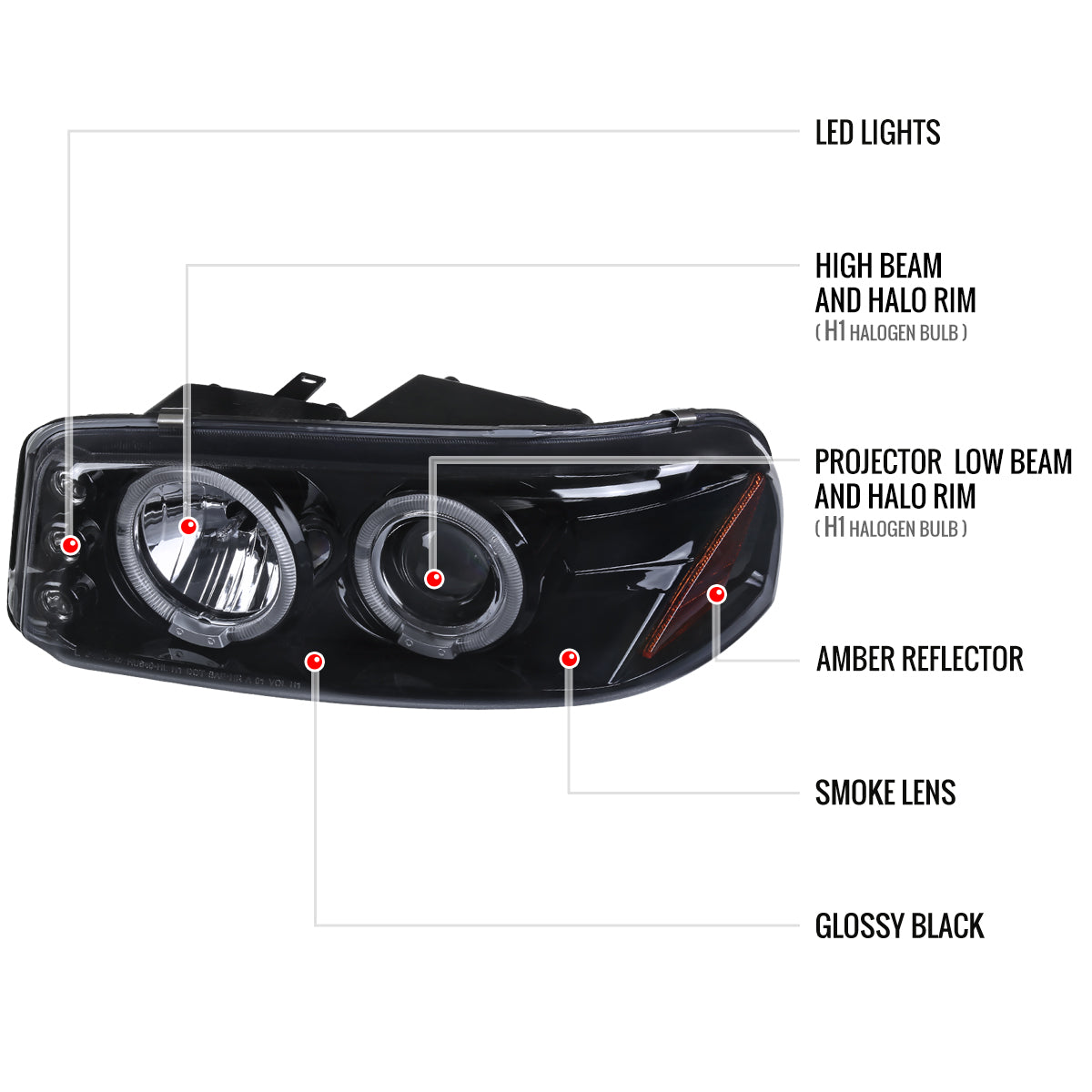 1999-2006 GMC Sierra/ 2000-2006 Yukon/Yukon XL Dual Halo Projector Headlights with LED Sequential Turn Signal Bumper Lights (Glossy Black Housing/Smoked Lens)