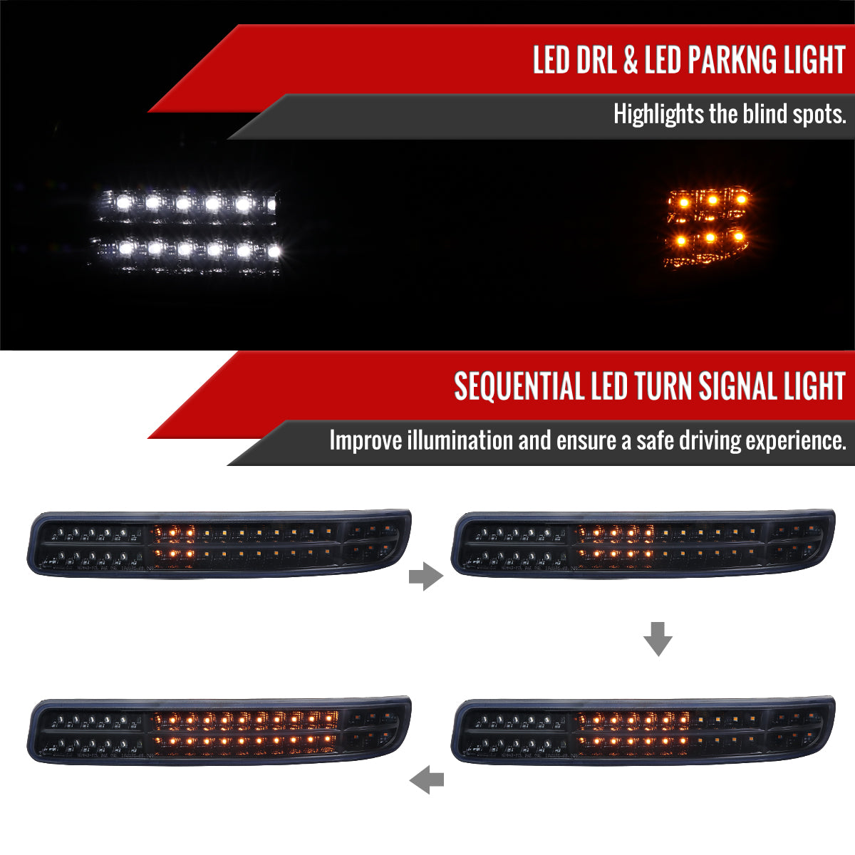 1999-2006 GMC Sierra/ 2000-2006 Yukon/Yukon XL Dual Halo Projector Headlights with LED Sequential Turn Signal Bumper Lights (Glossy Black Housing/Smoked Lens)