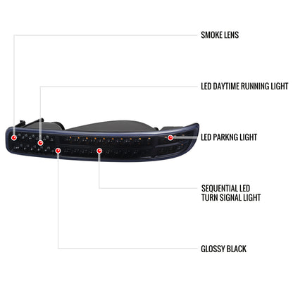 1999-2006 GMC Sierra/ 2000-2006 Yukon/Yukon XL Dual Halo Projector Headlights with LED Sequential Turn Signal Bumper Lights (Glossy Black Housing/Smoked Lens)