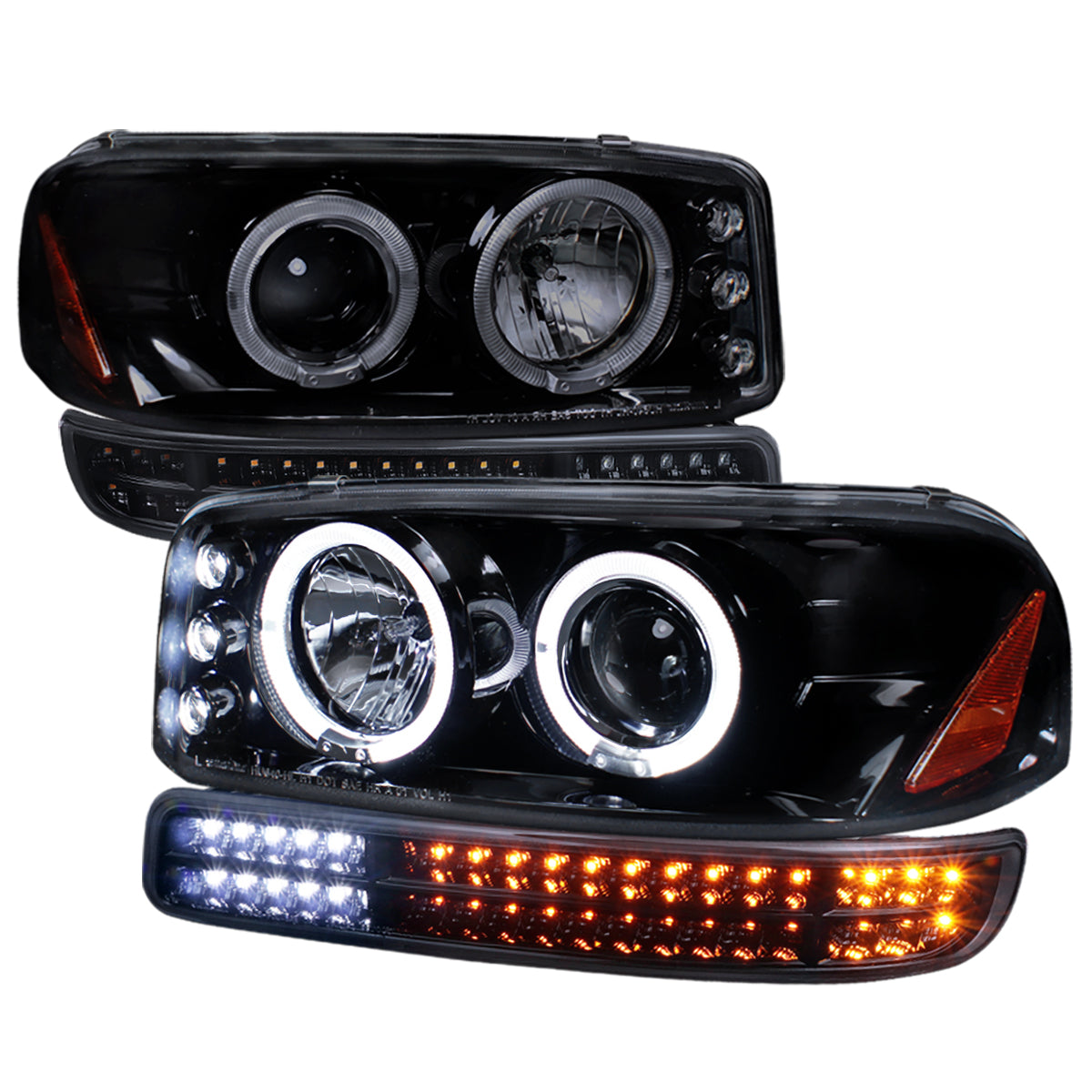 1999-2006 GMC Sierra/ 2000-2006 Yukon/Yukon XL Dual Halo Projector Headlights with LED Sequential Turn Signal Bumper Lights (Glossy Black Housing/Smoked Lens)