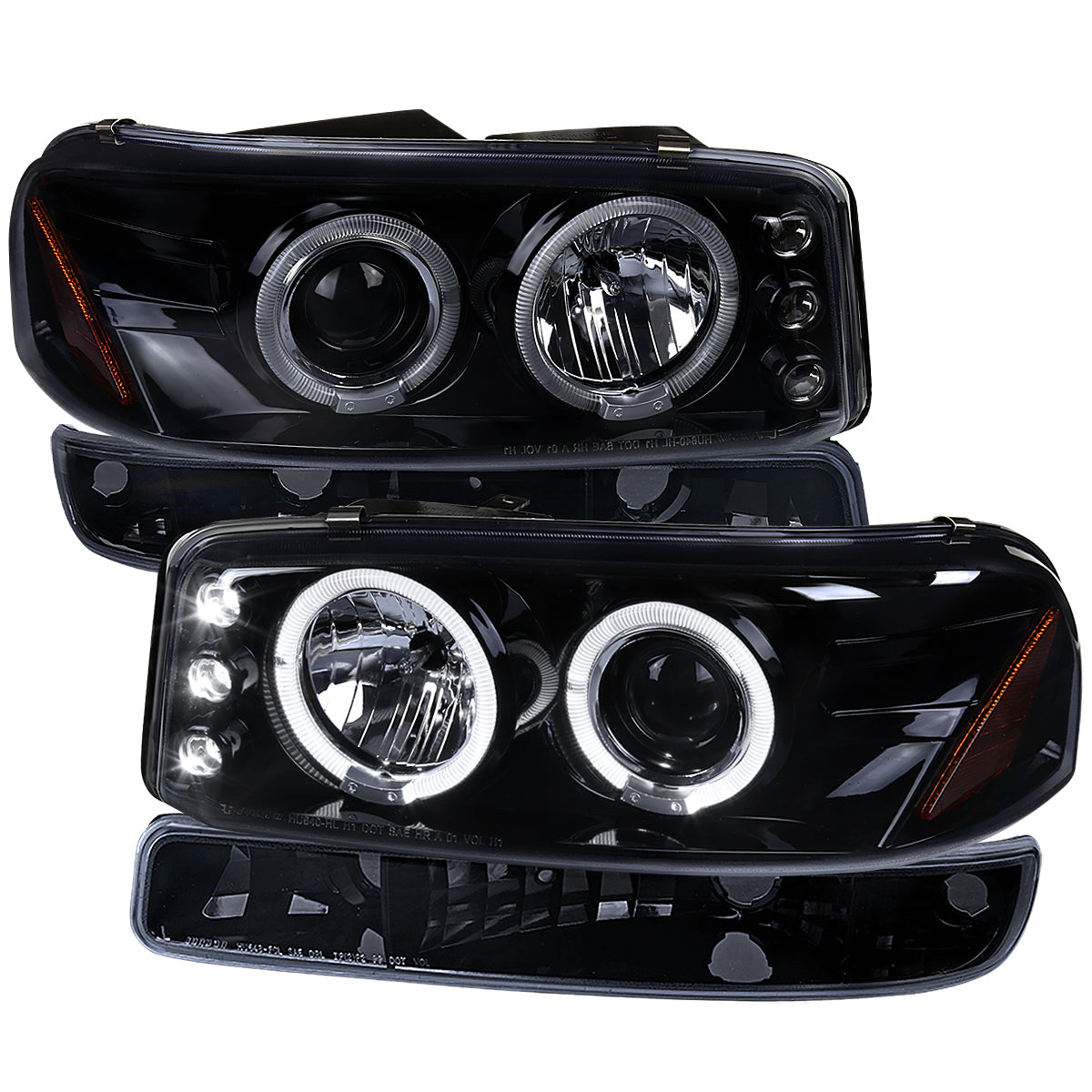 1999-2006 GMC Sierra/Yukon XL/SLT Dual Halo Projector Headlights & Bumper Lights (Glossy Black Housing/Smoked Lens)