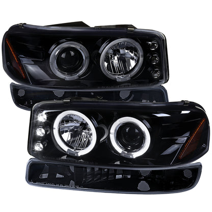 1999-2006 GMC Sierra/Yukon XL/SLT Dual Halo Projector Headlights & Bumper Lights (Glossy Black Housing/Smoked Lens)
