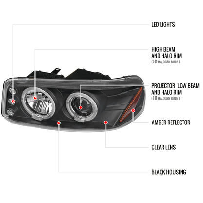 1999-2006 GMC Sierra/ 2000-2006 Yukon/Yukon XL Dual Halo Projector Headlights with LED Sequential Turn Signal Bumper Lights (Matte Black Housing/Clear Lens)