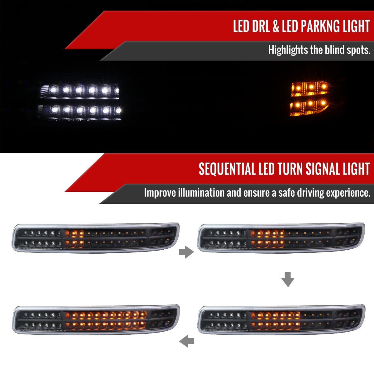 1999-2006 GMC Sierra/ 2000-2006 Yukon/Yukon XL Dual Halo Projector Headlights with LED Sequential Turn Signal Bumper Lights (Matte Black Housing/Clear Lens)