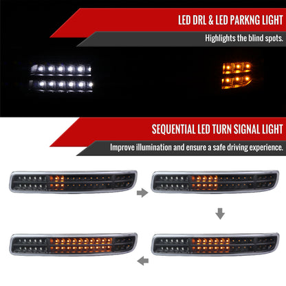 1999-2006 GMC Sierra/ 2000-2006 Yukon/Yukon XL Dual Halo Projector Headlights with LED Sequential Turn Signal Bumper Lights (Matte Black Housing/Clear Lens)