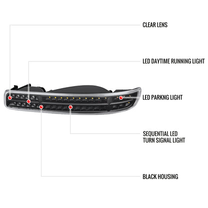 1999-2006 GMC Sierra/ 2000-2006 Yukon/Yukon XL Dual Halo Projector Headlights with LED Sequential Turn Signal Bumper Lights (Matte Black Housing/Clear Lens)