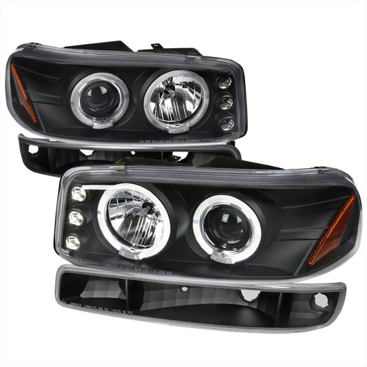 1999-2006 GMC Sierra/Yukon XL/SLT Dual Halo Projector Headlights & Bumper Lights (Matte Black Housing/Clear Lens)