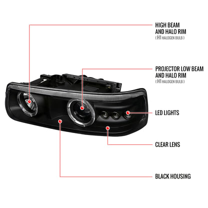 1999-2002 Chevrolet Silverado/ 2000-2006 Tahoe Suburban Dual Halo Projector Headlights w/ Bumper Lights (Matte Black Housing/Clear Lens)