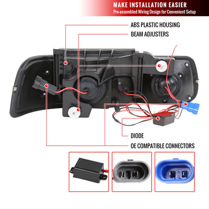 1999-2002 Chevrolet Silverado/ 2000-2006 Tahoe Suburban Dual Halo Projector Headlights w/ Bumper Lights (Matte Black Housing/Clear Lens)