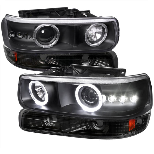 1999-2002 Chevrolet Silverado/ 2000-2006 Tahoe Suburban Dual Halo Projector Headlights w/ Bumper Lights (Matte Black Housing/Clear Lens)
