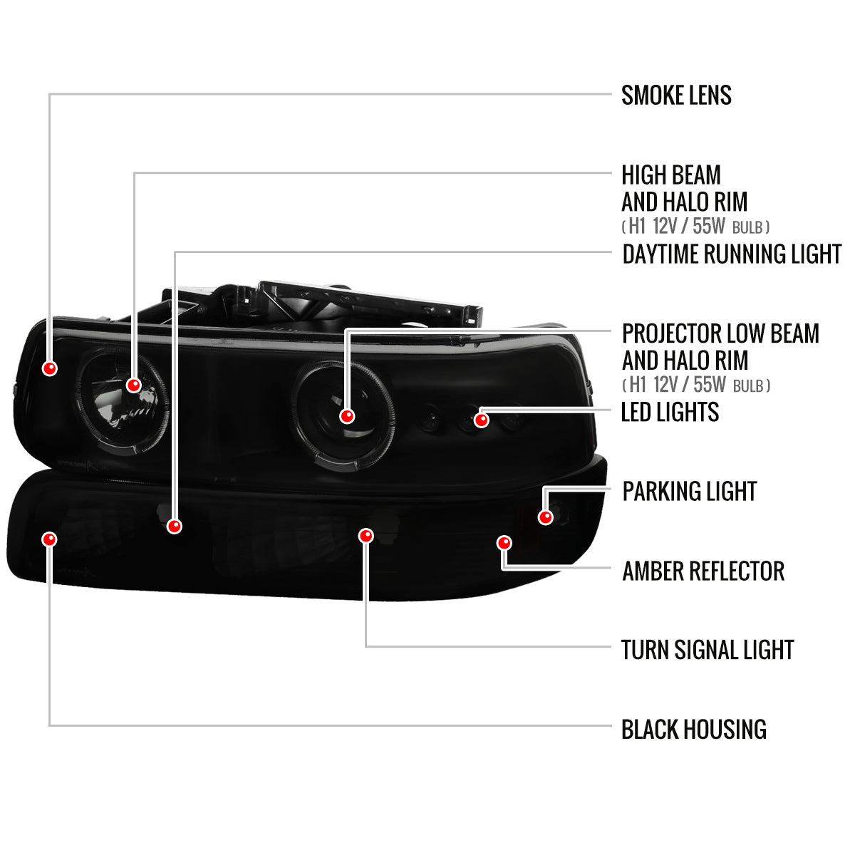1999-2002 Chevrolet Silverado/ 2000-2006 Tahoe Suburban Dual Halo Projector Headlights w/ Bumper Lights (Black Housing/Smoked Lens)