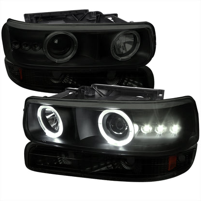 1999-2002 Chevrolet Silverado/ 2000-2006 Tahoe Suburban Dual Halo Projector Headlights w/ Bumper Lights (Black Housing/Smoked Lens)