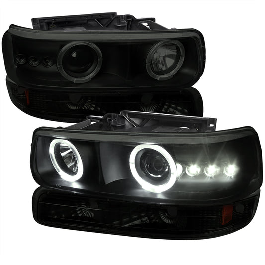 1999-2002 Chevrolet Silverado/ 2000-2006 Tahoe Suburban Dual Halo Projector Headlights w/ Bumper Lights (Black Housing/Smoked Lens)
