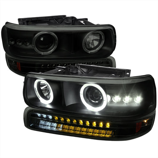 1999-2002 Chevrolet Silverado/ 2000-2006 Chevrolet Tahoe/Suburban Dual Halo Projector Headlights with LED Sequential Turn Signal Bumper Lights (Black Housing/Smoked Lens)