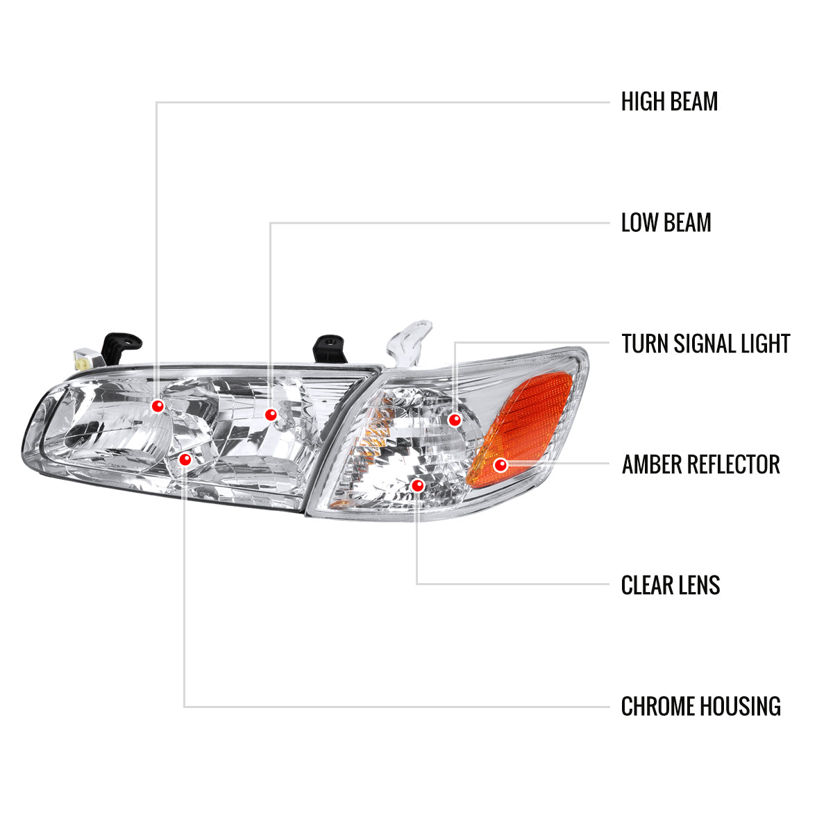 2000-2001 Toyota Camry Factory Style Headlights w/ Amber Reflectors (Chrome Housing/Clear Lens)