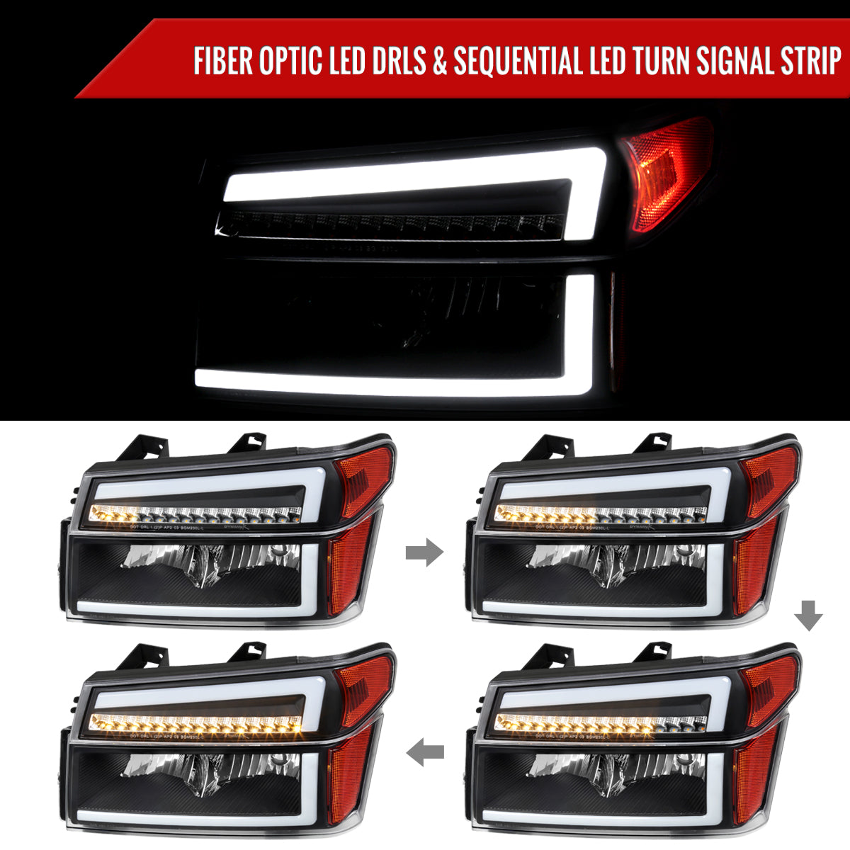 2004-2012 Chevrolet Colorado GMC Canyon/2006-2008 ISUZU I-Series Sequential Turn Signal Factory Style Headlights with LED Bar (Matte Black Housing/Clear Lens)