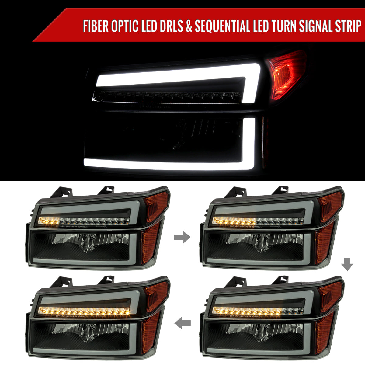 2004-2012 Chevrolet Colorado GMC Canyon/2006-2008 ISUZU I-Series Sequential Turn Signal Factory Style Headlights with LED Bar (Matte Black Housing/Smoked Lens)