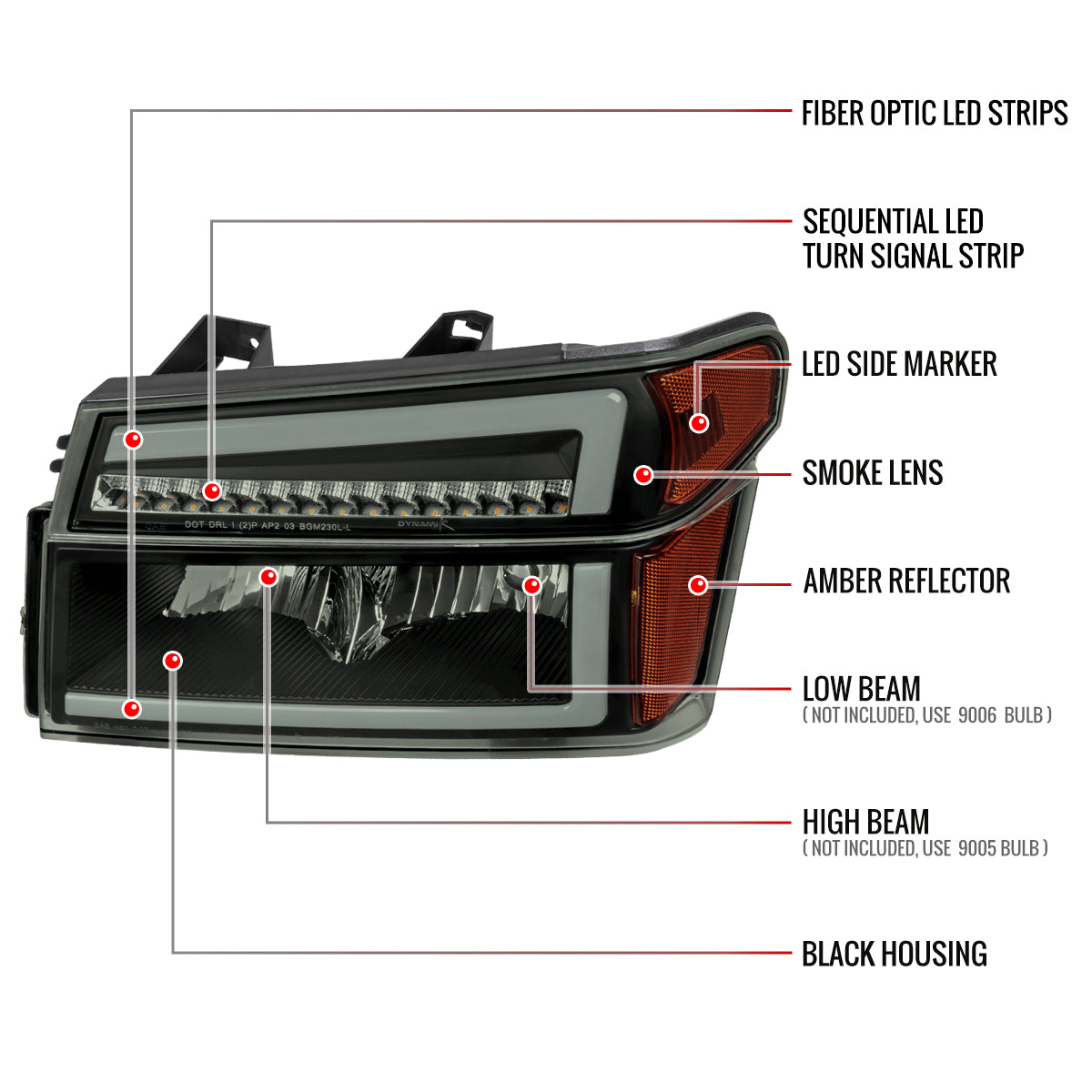 2004-2012 Chevrolet Colorado GMC Canyon/2006-2008 ISUZU I-Series Sequential Turn Signal Factory Style Headlights with LED Bar (Matte Black Housing/Smoked Lens)
