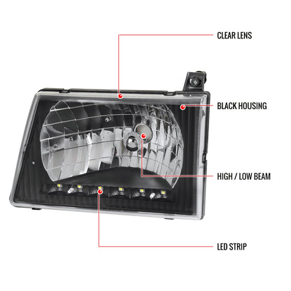 1992-2006 Ford Econoline E-Series LED Strip Factory Headlights and Corner Lights (Matte Black Housing/Clear Lens)