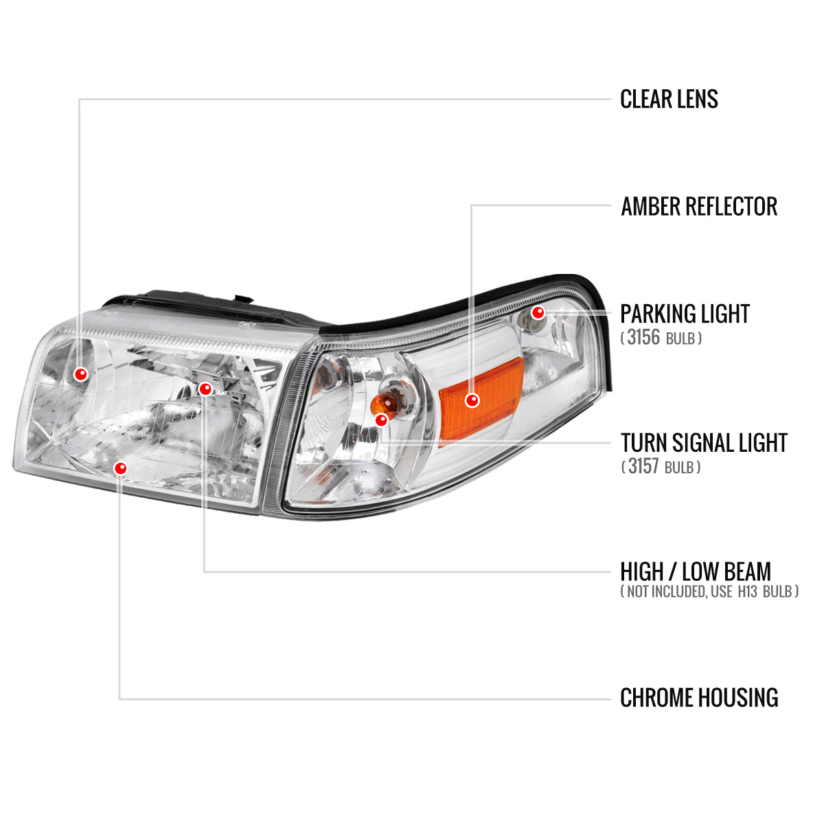 2006-2011 Mercury Grand Marquis Factory Style Headlights and Corner Lamps (Chrome Headlights/Clear Lens)