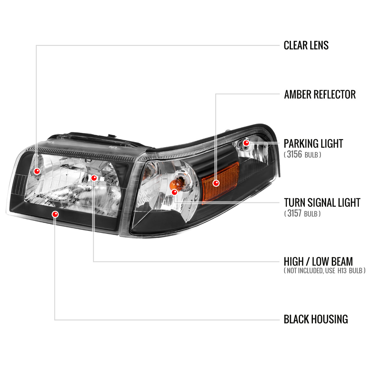 2006-2011 Mercury Grand Marquis Factory Style Headlights and Corner Lamps (Matte Black Headlights/Clear Lens)