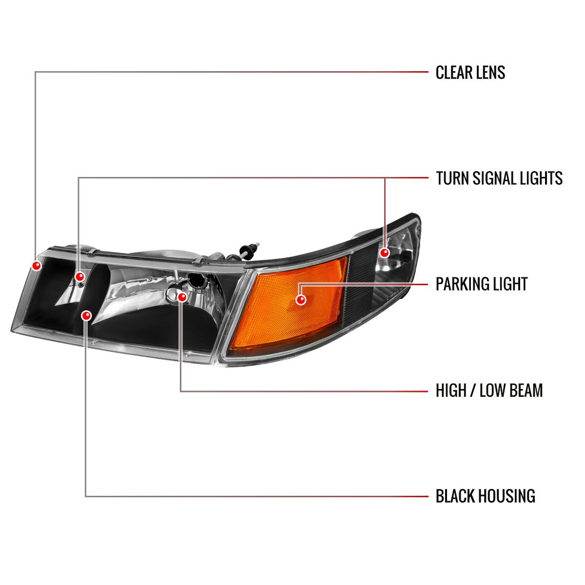 1998-2002 Mercury Grand Marquis Factory Style Crystal Headlights w/ Corner Signal Lights (Matte Black Housing/Clear Lens)