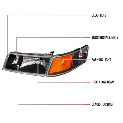 1998-2002 Mercury Grand Marquis Factory Style Crystal Headlights w/ Corner Signal Lights (Matte Black Housing/Clear Lens)