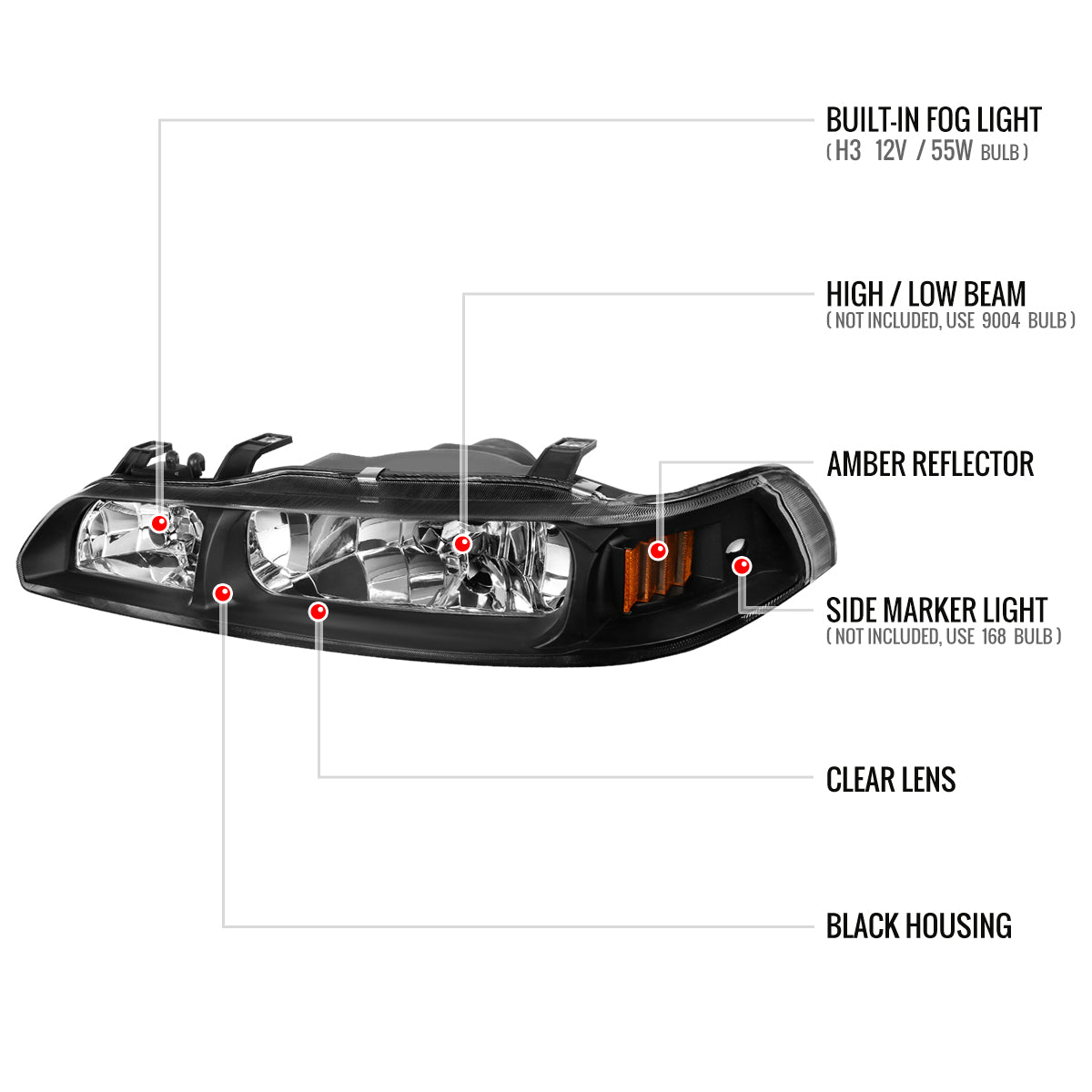 1990-1993 Acura Integra Factory Style Crystal Headlights w/ Amber Reflectors (Matte Black Housing/Clear Lens)