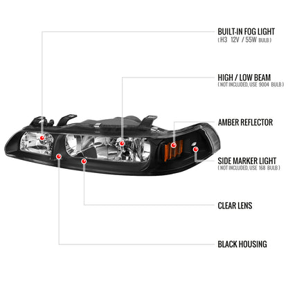 1990-1993 Acura Integra Factory Style Crystal Headlights w/ Amber Reflectors (Matte Black Housing/Clear Lens)
