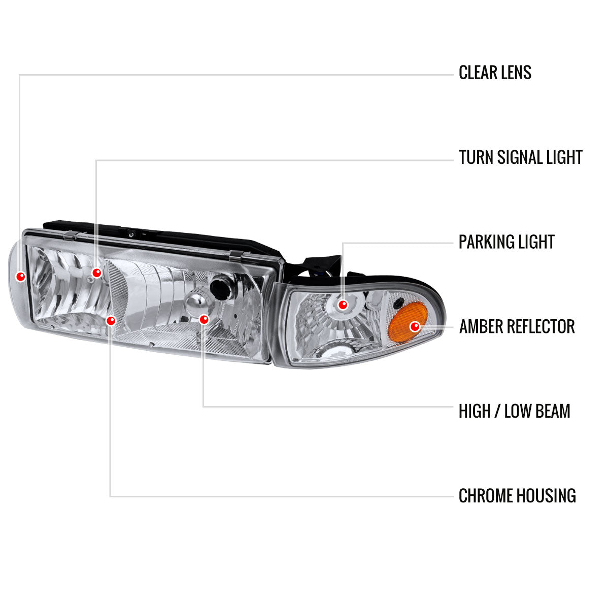 1991-1996 Chevrolet Caprice / 1994-1996 Impala Factory Style Crystal Headlights w/ Corner Signal Lights (Chrome Housing/Clear Lens)