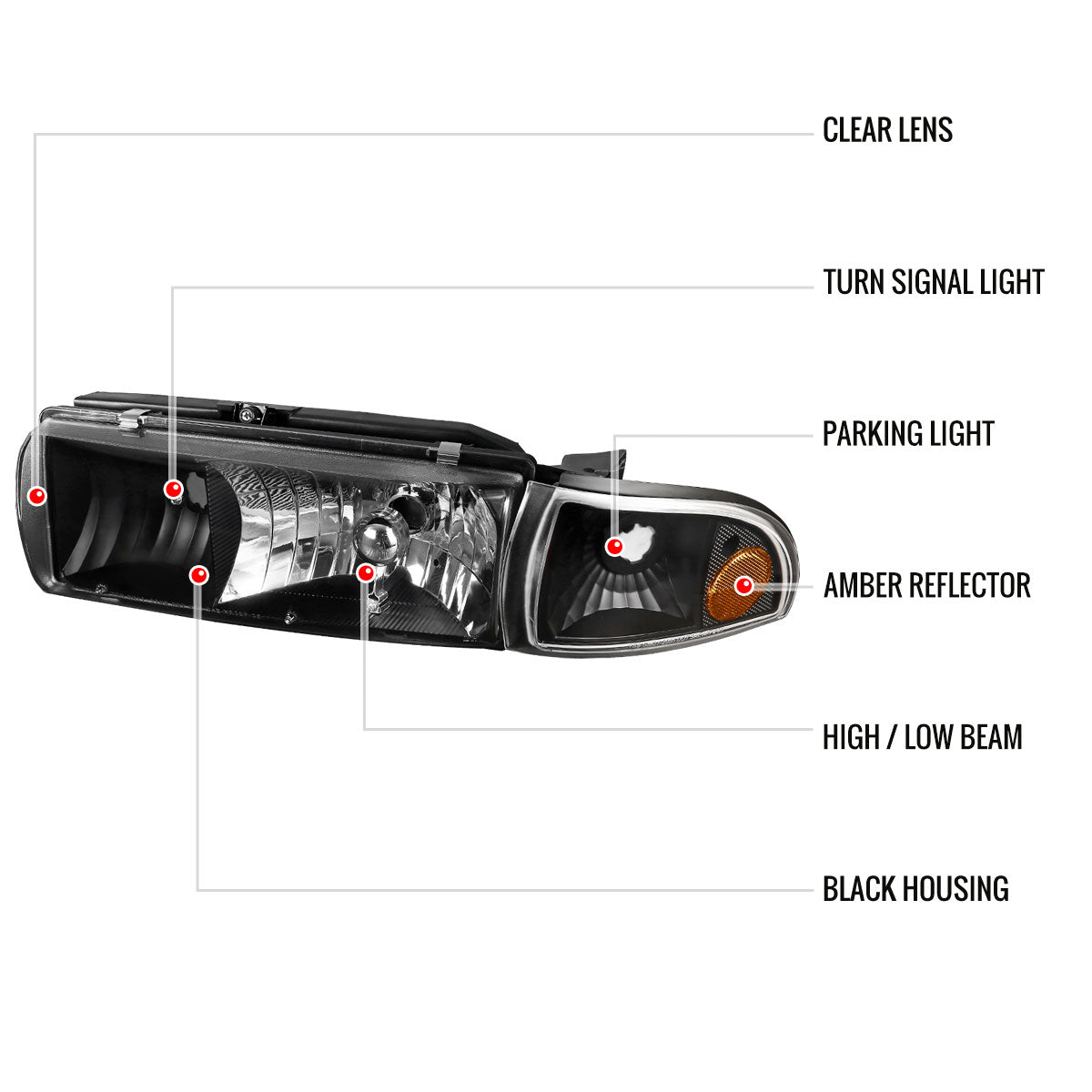 1991-1996 Chevrolet Caprice / 1994-1996 Impala Factory Style Crystal Headlights w/ Corner Signal Lights (Matte Black Housing/Clear Lens)