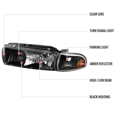 1991-1996 Chevrolet Caprice / 1994-1996 Impala Factory Style Crystal Headlights w/ Corner Signal Lights (Matte Black Housing/Clear Lens)