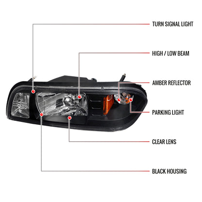 1987-1993 Ford Mustang Factory Style Crystal Headlights (Matte Black Housing/Clear Lens)