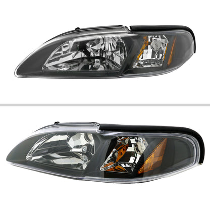 1994-1998 Ford Mustang 1PC Crystal Headlights w/ Amber Reflectors (Matte Black Housing/Clear Lens)