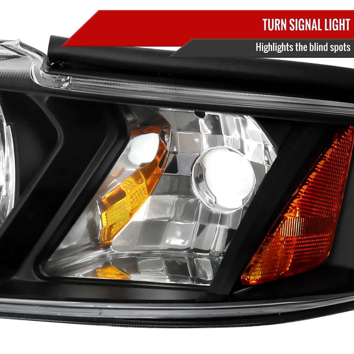 1994-1998 Ford Mustang 1PC Crystal Headlights w/ Amber Reflectors (Matte Black Housing/Clear Lens)