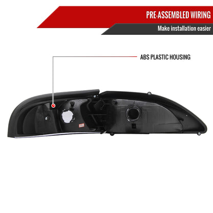 1994-1998 Ford Mustang 1PC Crystal Headlights w/ Amber Reflectors (Matte Black Housing/Clear Lens)
