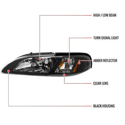 1994-1998 Ford Mustang 1PC Crystal Headlights w/ Amber Reflectors (Matte Black Housing/Clear Lens)