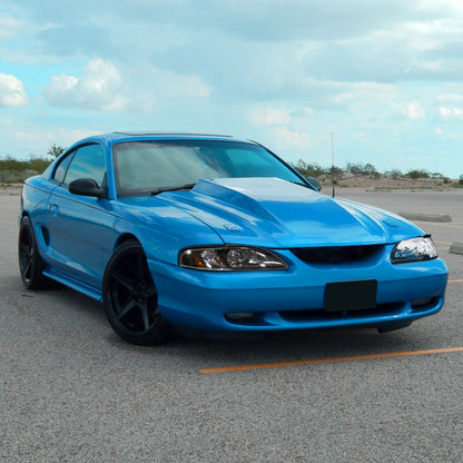 1994-1998 Ford Mustang 1PC Crystal Headlights w/ Amber Reflectors (Matte Black Housing/Clear Lens)