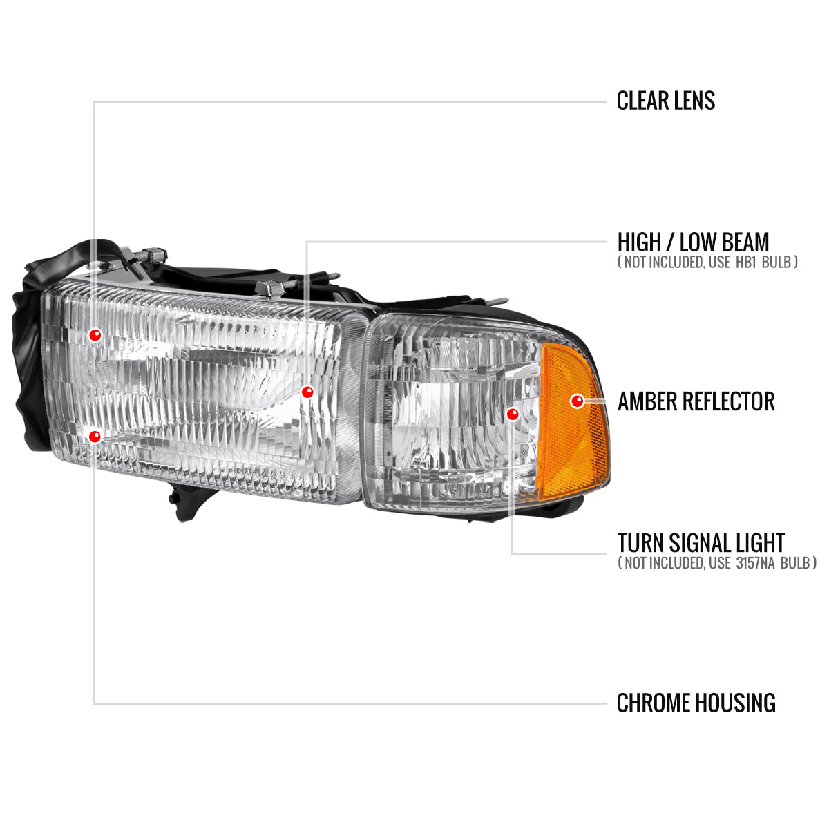1994-2001 Dodge RAM 1500/2500/3500 Factory Style Headlights and Corner Lights (Chrome Housing/Clear Lens)