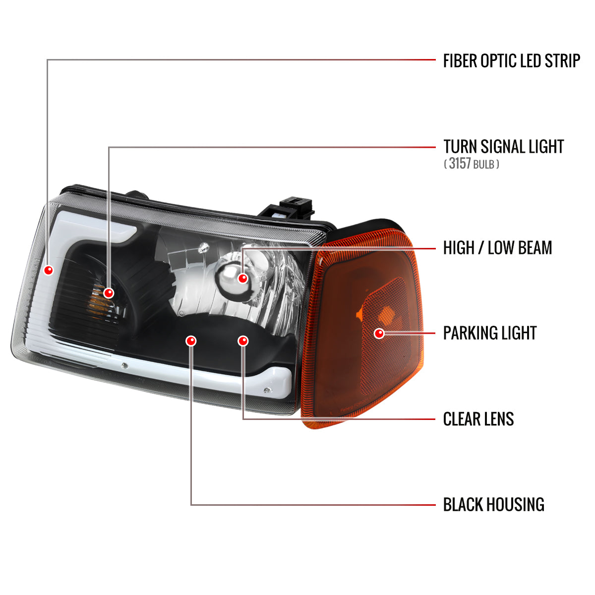 2001-2011 Ford Ranger LED Bar Factory Style Headlights w/Amber Corner Lamp (Matte Black Housing/Clear Lens)