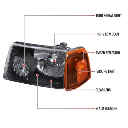 2001-2011 Ford Ranger Factory Style Headlights w/ Amber Lens Corner Signal Lights (Matte Black Housing/Clear Lens)